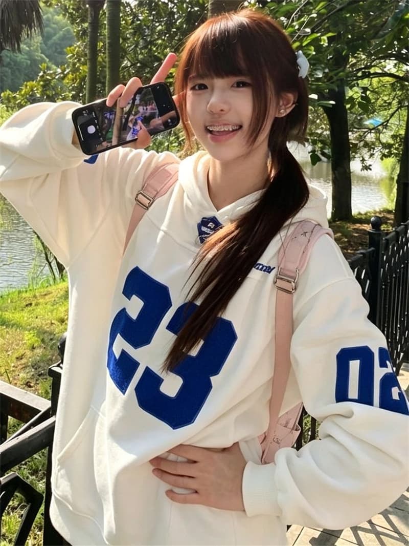 얇은 스타일 원본 솜씨 압력 라인 패치 자수 주머니 순수한 Mianhua 면 복합 후드 티 스웨터 여성 상세 이미지 5