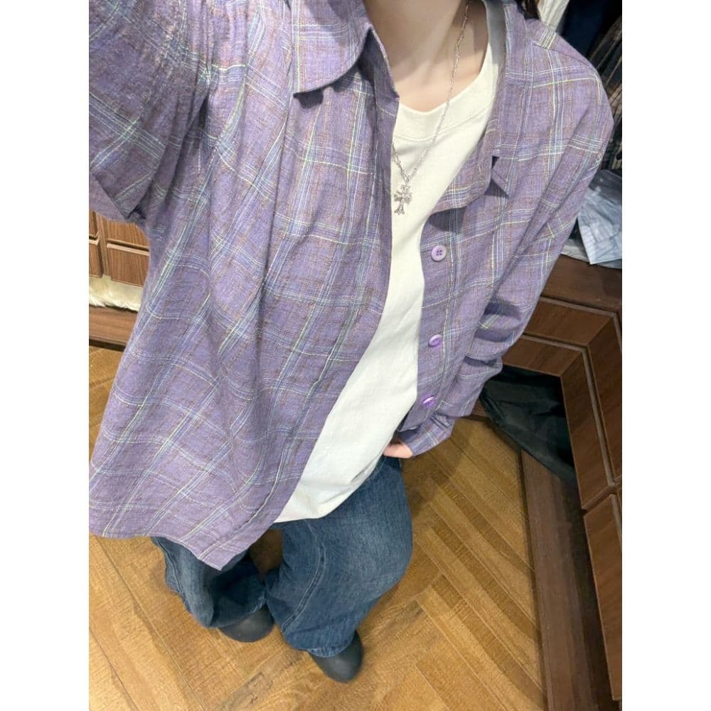 아메리칸 느슨함 센스 배색 체크무늬 여성 셔츠 가을 디자인 센스 작은 대중 레트로 루즈핏 캐주얼 출퇴근 셔츠 이미지 2