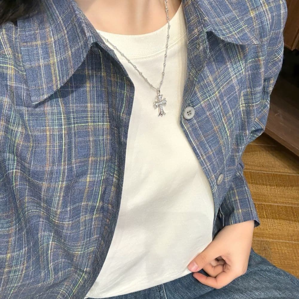 아메리칸 느슨함 센스 배색 체크무늬 여성 셔츠 가을 디자인 센스 작은 대중 레트로 루즈핏 캐주얼 출퇴근 셔츠 상세 이미지 9