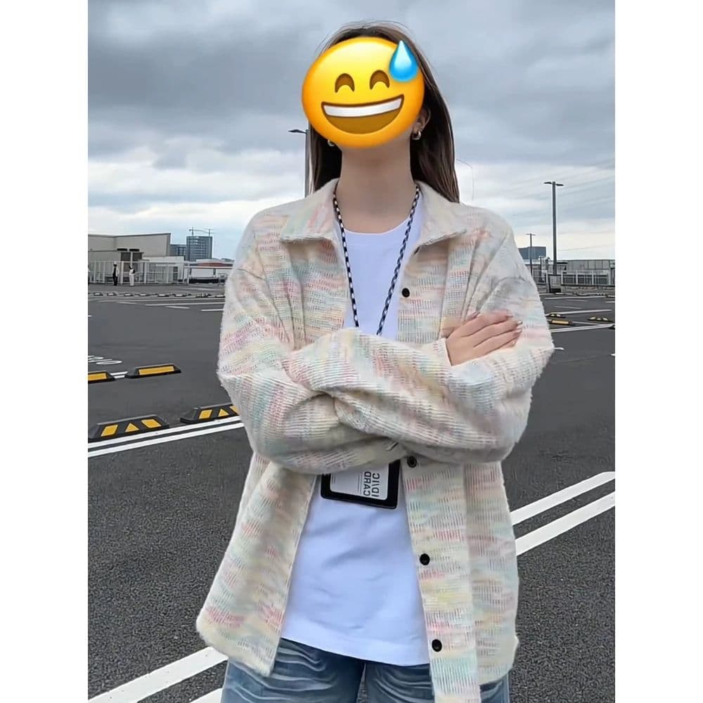 아메리칸 레트로 색상 긴팔 여성 셔츠 가을 새로운 작은 샤넬 스타일 폴로 칼라 맨위 커플 캐주얼 니트 재킷 이미지 4