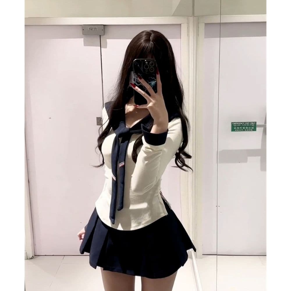 순수한 욕망 달콤한 핫걸 세트 학원 스타일 디자인 센스 해군 칼라 몸매 가꾸기 맨위 플리츠 반신 스커트 소녀 3종 세트