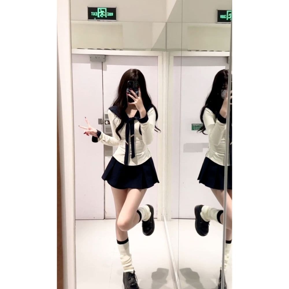 순수한 욕망 달콤한 핫걸 세트 학원 스타일 디자인 센스 해군 칼라 몸매 가꾸기 맨위 플리츠 반신 스커트 소녀 3종 세트 상세 이미지 6