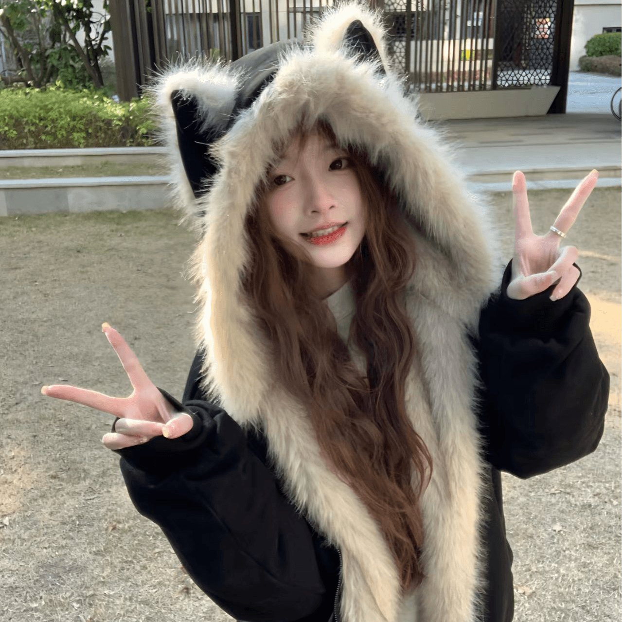 한국 스타일 달콤한 차가운 바람 고양이 귀 모피 칼라 후드 검정색 솜을 넣은 보온 면 옷 여성 겨울 새로운 다용도 면 옷 트렌디