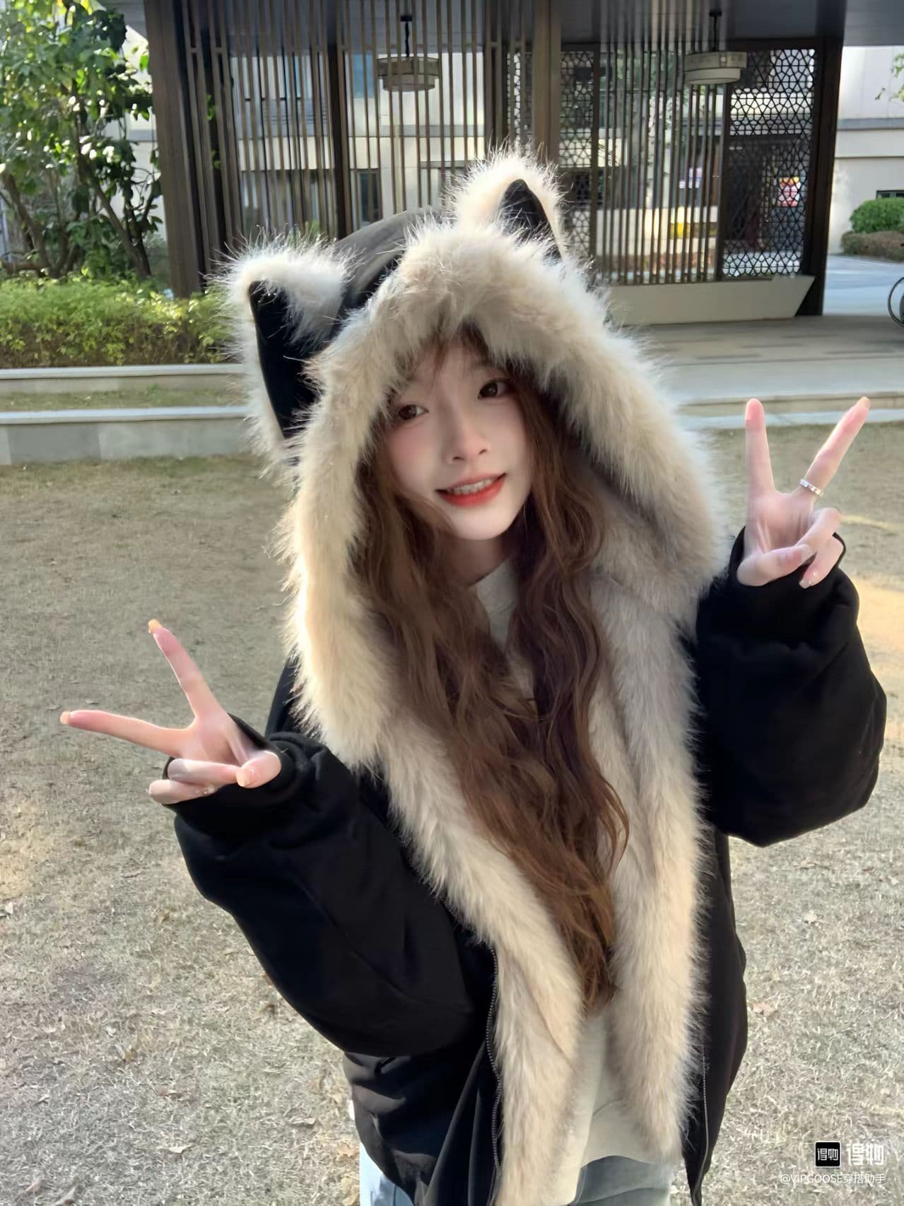 한국 스타일 달콤한 차가운 바람 고양이 귀 모피 칼라 후드 검정색 솜을 넣은 보온 면 옷 여성 겨울 새로운 다용도 면 옷 트렌디 상세 이미지 2