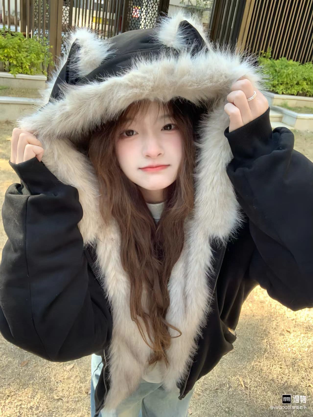 한국 스타일 달콤한 차가운 바람 고양이 귀 모피 칼라 후드 검정색 솜을 넣은 보온 면 옷 여성 겨울 새로운 다용도 면 옷 트렌디 상세 이미지 4
