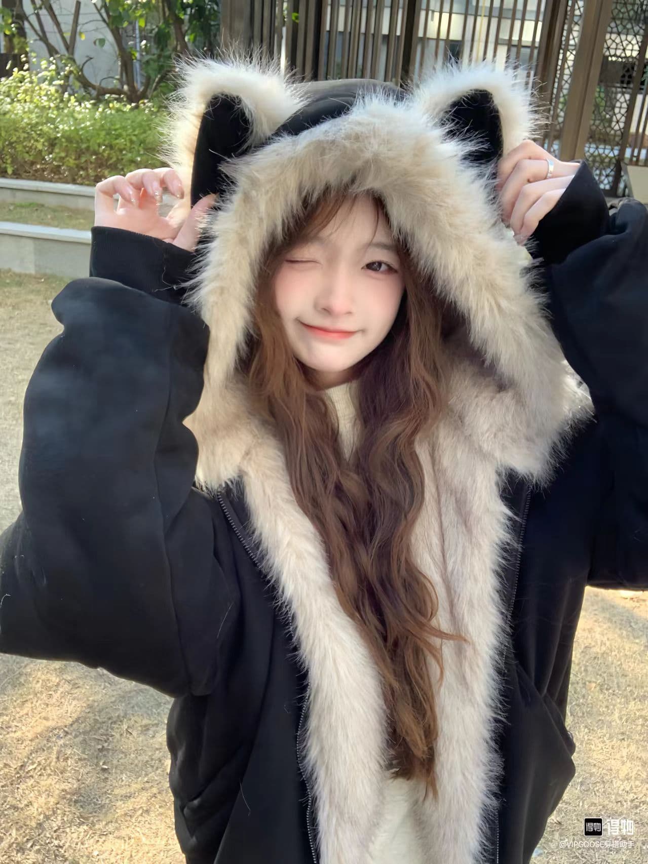 한국 스타일 달콤한 차가운 바람 고양이 귀 모피 칼라 후드 검정색 솜을 넣은 보온 면 옷 여성 겨울 새로운 다용도 면 옷 트렌디 상세 이미지 7