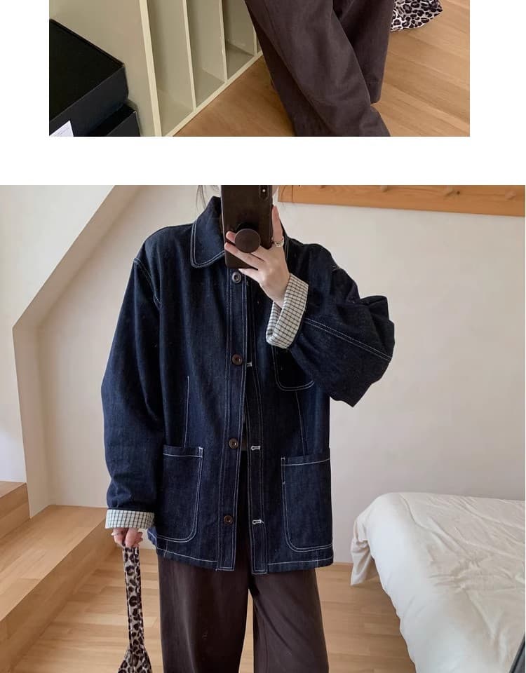 체크무늬 소매 패치워크 데님 여성 코트 중간 길이 조기 봄 가을 빅 포켓 폴로 칼라 줄무늬 슬리브 워크웨어 재킷 맨위 상세 이미지 5