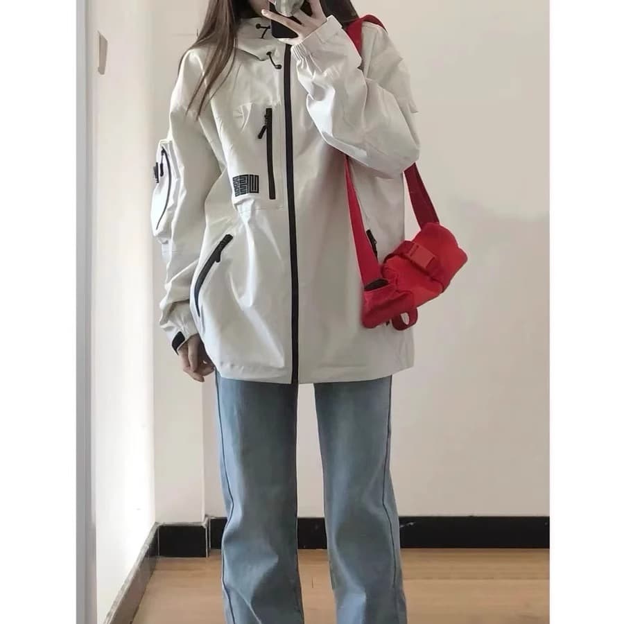 레트로 아메리칸 기능 후드 자켓 여성 코트 가을 새로운 조수 브랜드 루즈핏 커플 다용도 야외 맨위 이미지 5