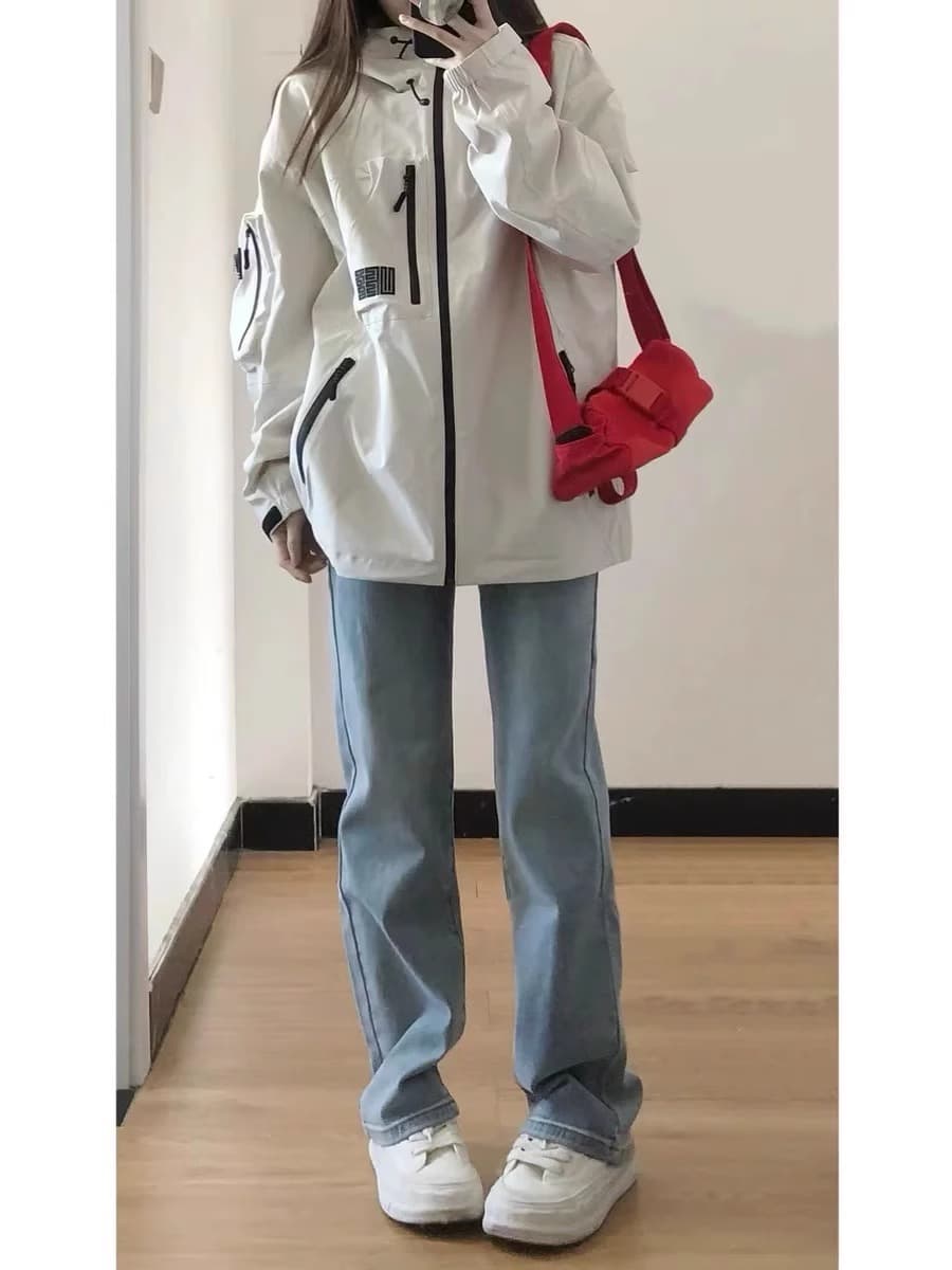 레트로 아메리칸 기능 후드 자켓 여성 코트 가을 새로운 조수 브랜드 루즈핏 커플 다용도 야외 맨위 상세 이미지 1