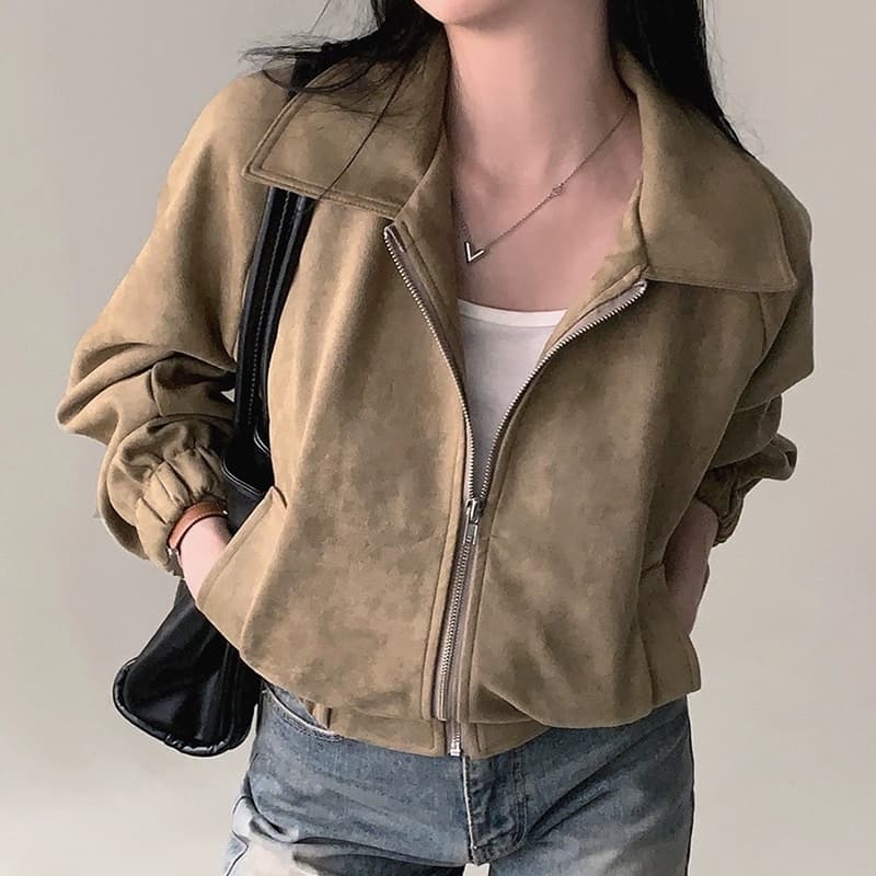 한국 chic 가을 프랑스식 레트로 폴로 칼라 당겨서 사슬 플러시 표면 센스 루즈핏 다용도 긴팔 쇼트 스타일 재킷 재킷 이미지 4