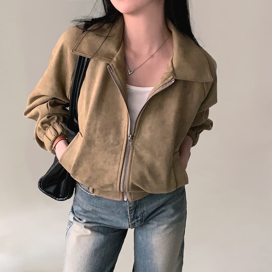 한국 chic 가을 프랑스식 레트로 폴로 칼라 당겨서 사슬 플러시 표면 센스 루즈핏 다용도 긴팔 쇼트 스타일 재킷 재킷 상세 이미지 2