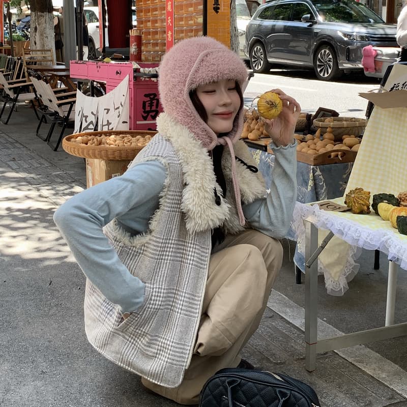 실사 가을 겨울 새로운 양면 착용 천 그리드 버드 폴로 칼라 플리스 면 옷 베스트 조끼 여성 보온 한 부서 재킷 이미지 5