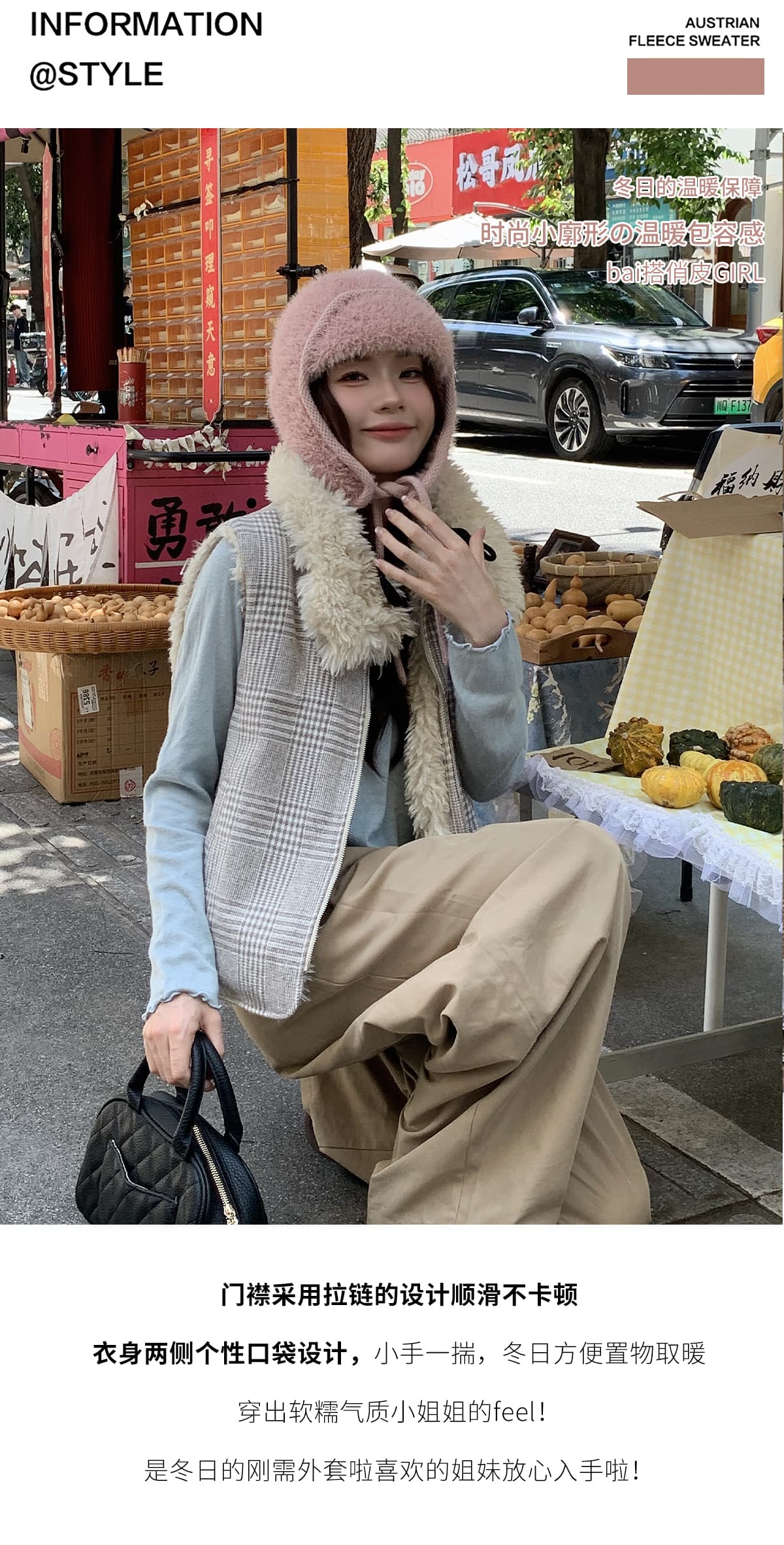실사 가을 겨울 새로운 양면 착용 천 그리드 버드 폴로 칼라 플리스 면 옷 베스트 조끼 여성 보온 한 부서 재킷 상세 이미지 5