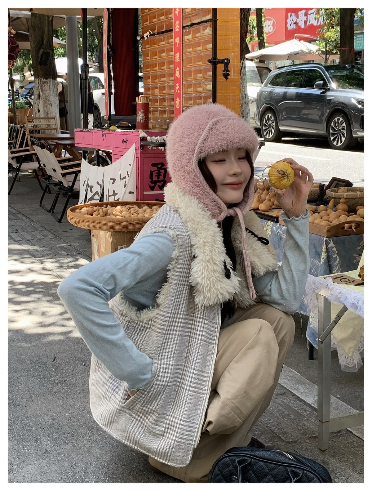 실사 가을 겨울 새로운 양면 착용 천 그리드 버드 폴로 칼라 플리스 면 옷 베스트 조끼 여성 보온 한 부서 재킷 상세 이미지 26