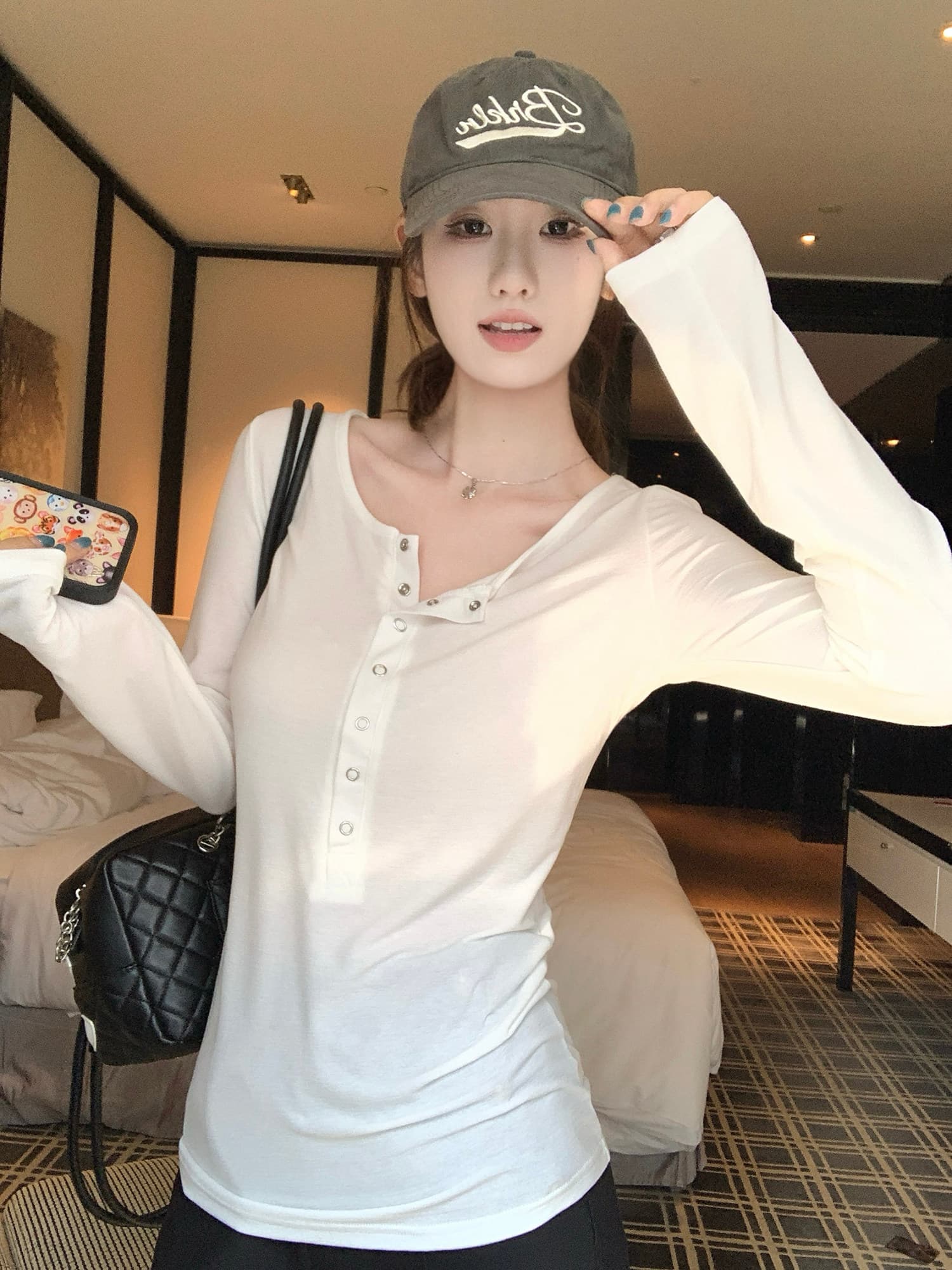 아메리칸 핫걸 긍정적 인 어깨 헨리 칼라 스냅 단추 긴팔 티셔츠 여성 이른 가을 인사이드 가져 가라. 슬림해 보이는 몸매 가꾸기 기본 셔츠 맨위 상세 이미지 4