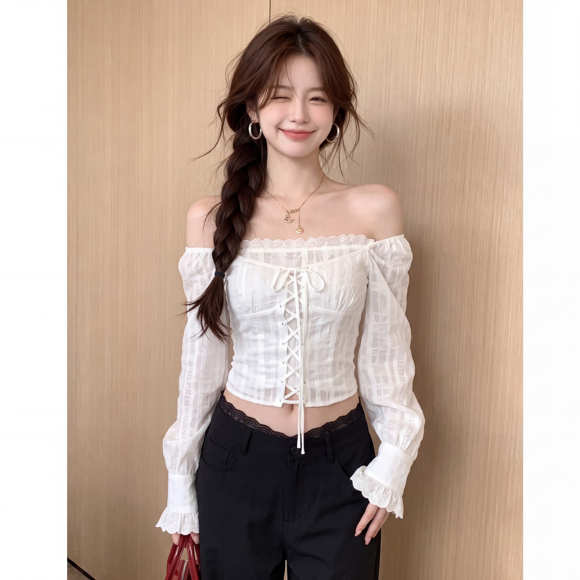 포함 면 원단 지퍼 명중 가져 가라. 작은 대중 달콤한 미국 칼라 레이스 칼라 십자가 스트랩 거품 소매 쇼트 스타일 작은 셔츠