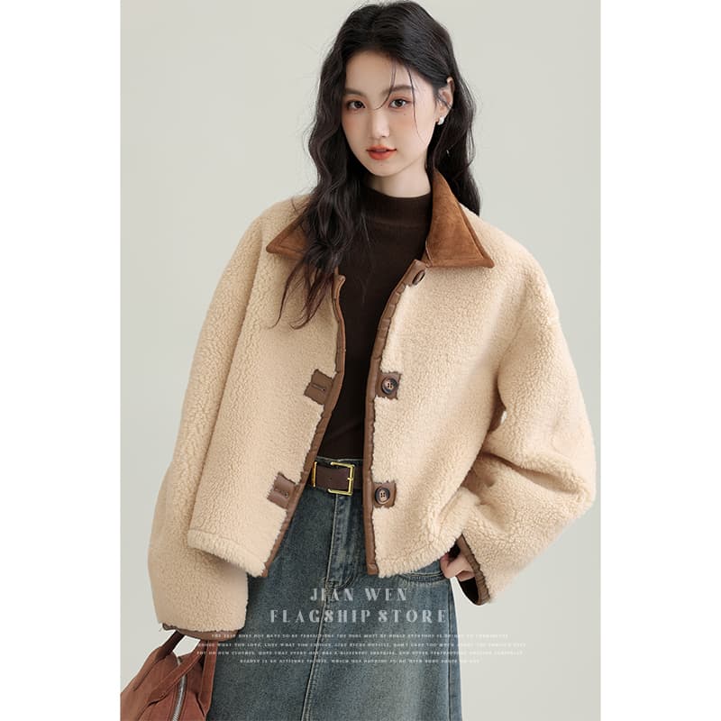 겨울 새로운 모방 스웨이드 원단 양면 착용 여성 코트 피모 하나 커피 색상 보온 폴로 칼라 재킷 오픈 가디건 이미지 4
