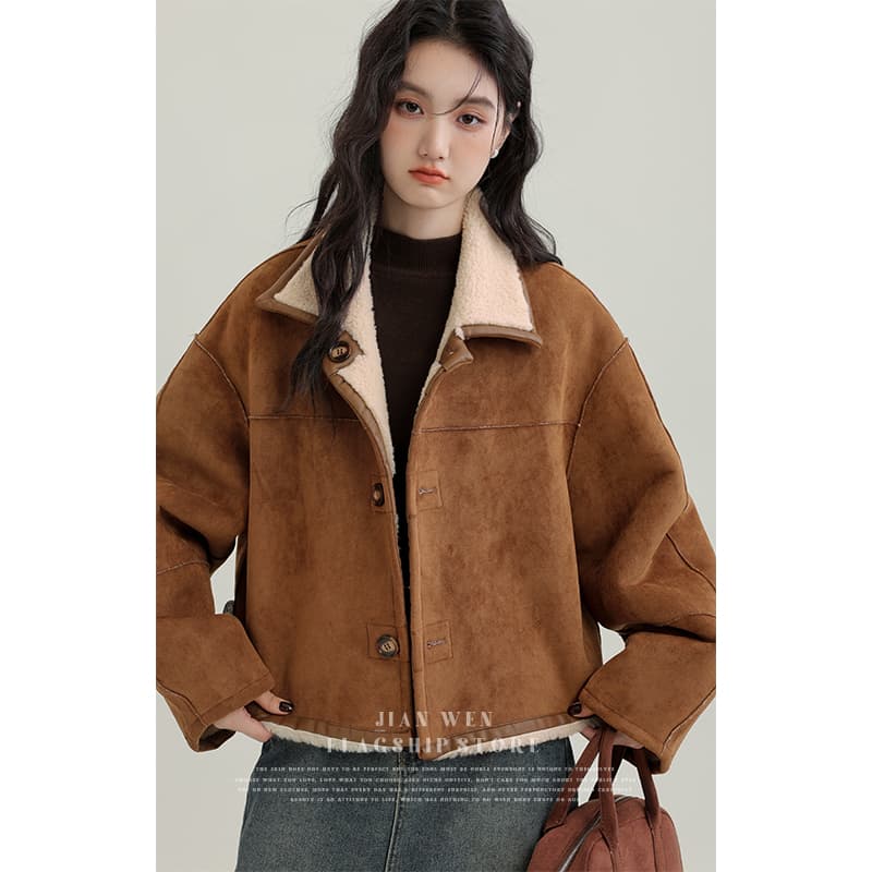 겨울 새로운 모방 스웨이드 원단 양면 착용 여성 코트 피모 하나 커피 색상 보온 폴로 칼라 재킷 오픈 가디건 이미지 3