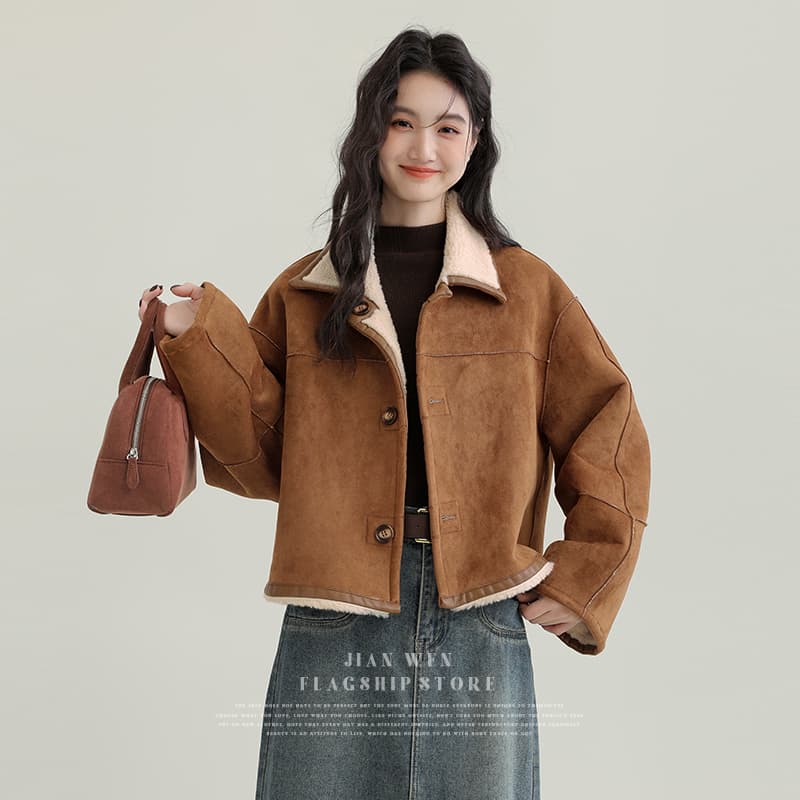겨울 새로운 모방 스웨이드 원단 양면 착용 여성 코트 피모 하나 커피 색상 보온 폴로 칼라 재킷 오픈 가디건