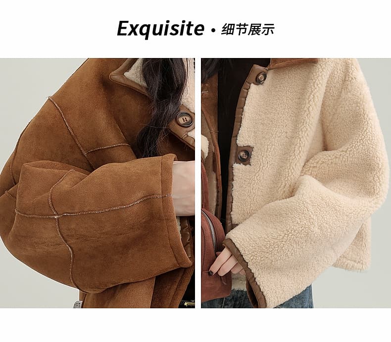겨울 새로운 모방 스웨이드 원단 양면 착용 여성 코트 피모 하나 커피 색상 보온 폴로 칼라 재킷 오픈 가디건 상세 이미지 3