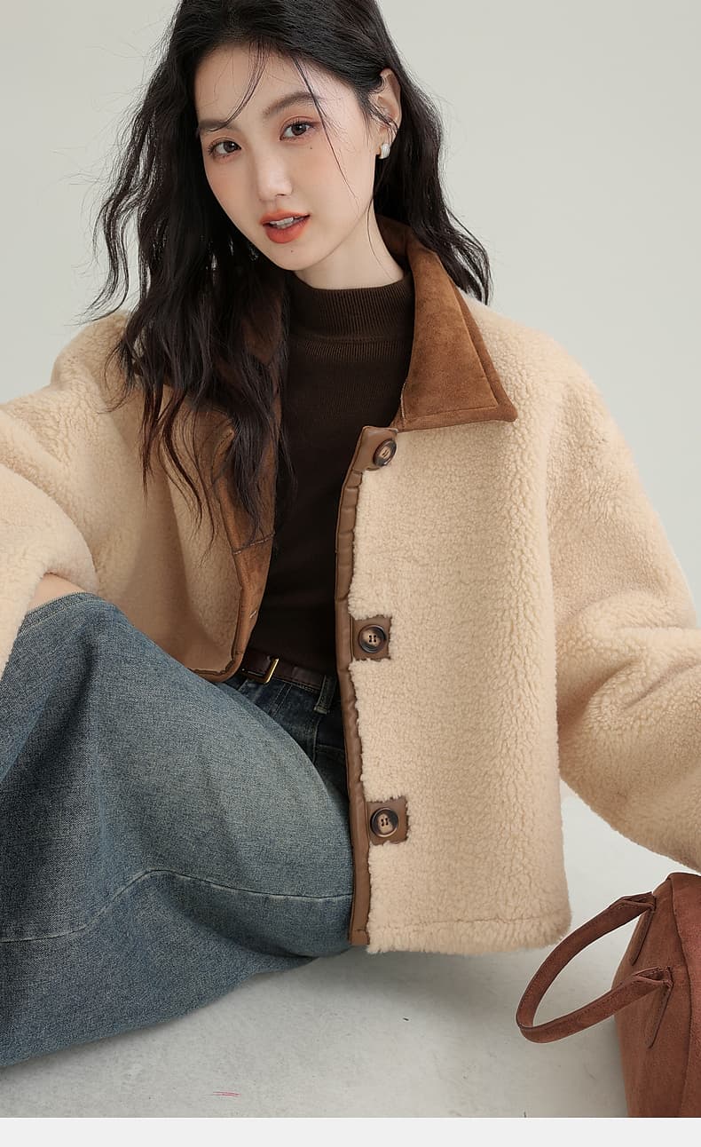 겨울 새로운 모방 스웨이드 원단 양면 착용 여성 코트 피모 하나 커피 색상 보온 폴로 칼라 재킷 오픈 가디건 상세 이미지 6