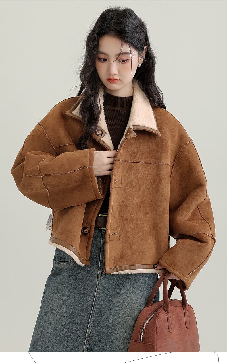 겨울 새로운 모방 스웨이드 원단 양면 착용 여성 코트 피모 하나 커피 색상 보온 폴로 칼라 재킷 오픈 가디건 상세 이미지 19