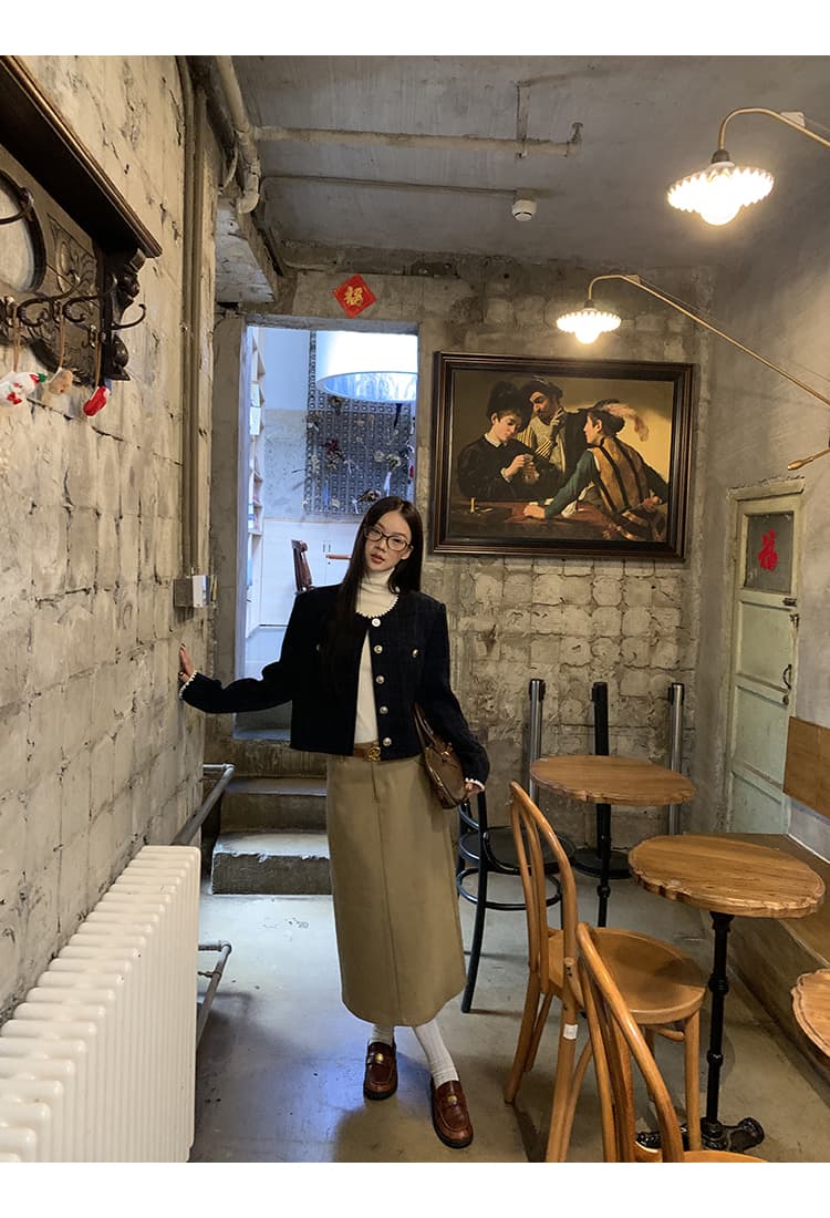 복합 두꺼운 모직물 원단 조개 자수 네리 해군 배색 테두리 장식 작은 샤넬 스타일 쇼트 스타일 재킷 상세 이미지 6