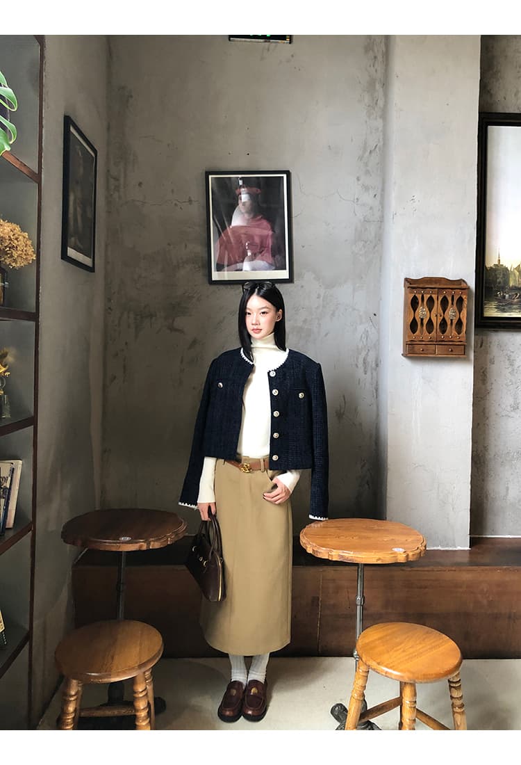 복합 두꺼운 모직물 원단 조개 자수 네리 해군 배색 테두리 장식 작은 샤넬 스타일 쇼트 스타일 재킷 상세 이미지 15