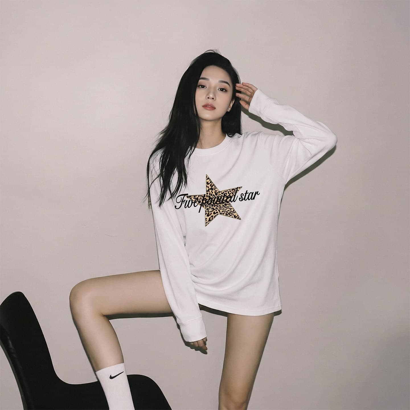 순면 210 그램 빗질하다 정밀 프린트 가을 루즈핏 긴팔 티셔츠 여성 상세 이미지 3