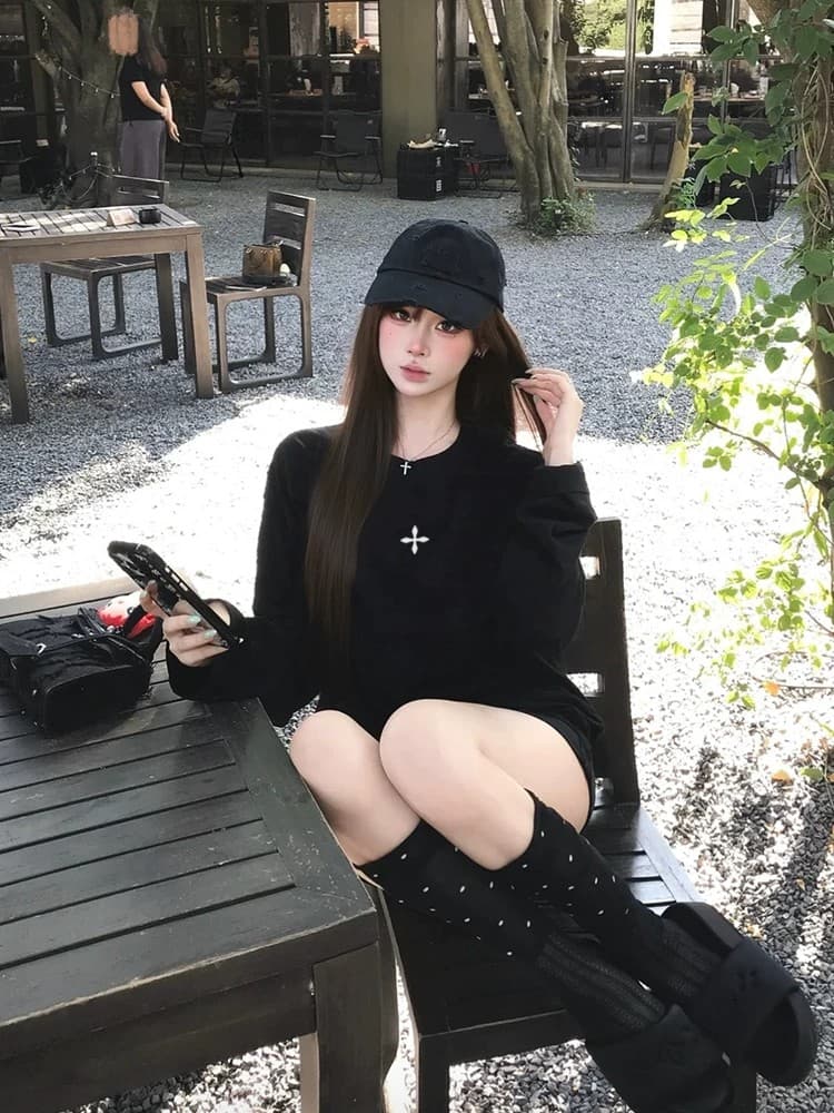 순면 210 그램 빗질하다 정밀 프린트 가을 루즈핏 긴팔 티셔츠 여성 이미지 3