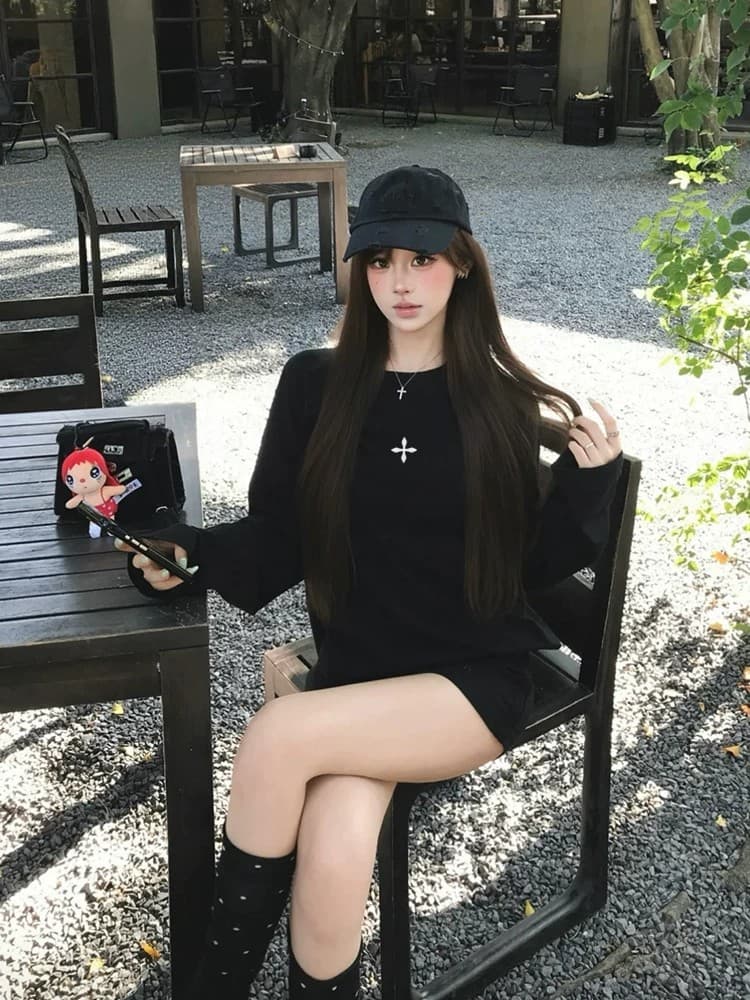 순면 210 그램 빗질하다 정밀 프린트 가을 루즈핏 긴팔 티셔츠 여성 상세 이미지 2