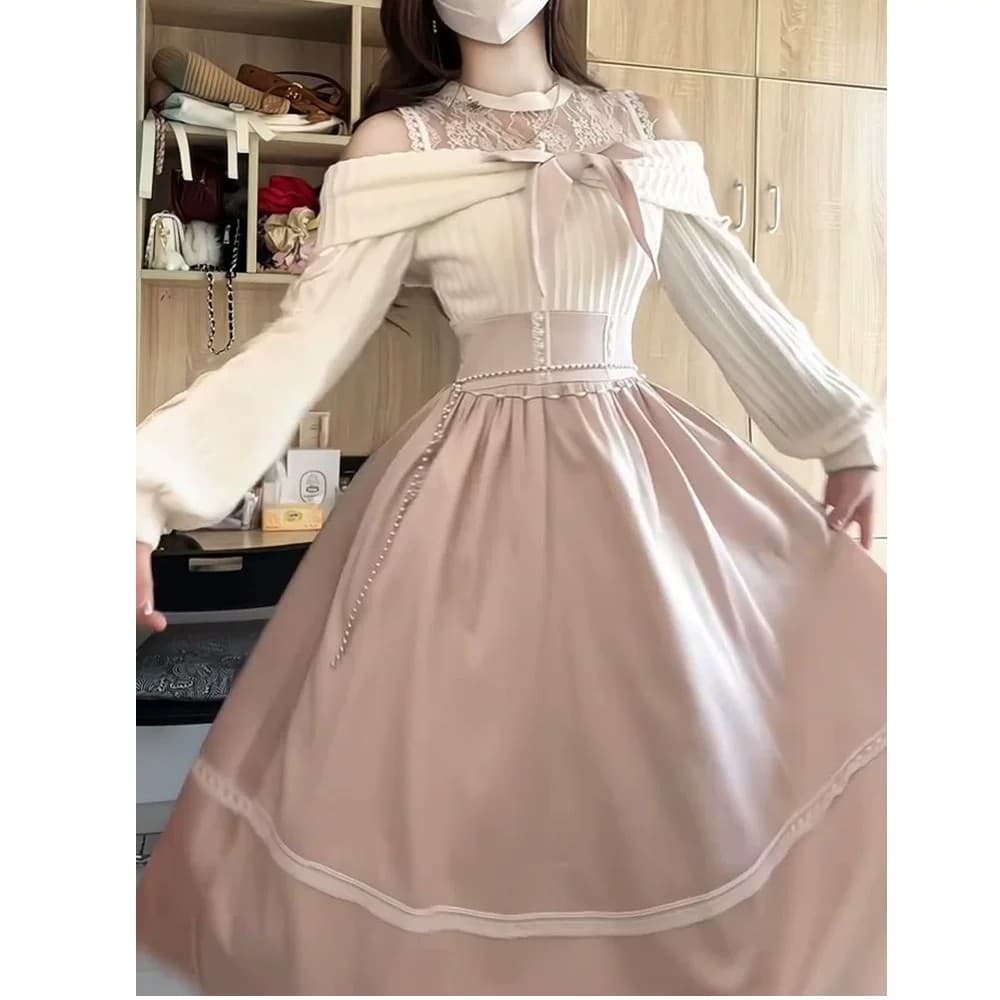 가을의 날 속삭임 클리어 부서 우아함 부드러운 낮음 포화 상태 얕은 분말 허리 수축 롱 스커트 오프숄더 스트랩 긴팔 드레스