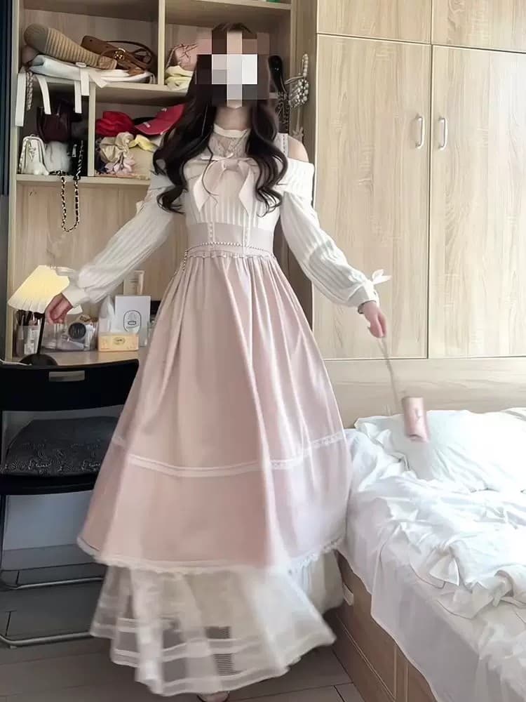 가을의 날 속삭임 클리어 부서 우아함 부드러운 낮음 포화 상태 얕은 분말 허리 수축 롱 스커트 오프숄더 스트랩 긴팔 드레스 상세 이미지 8