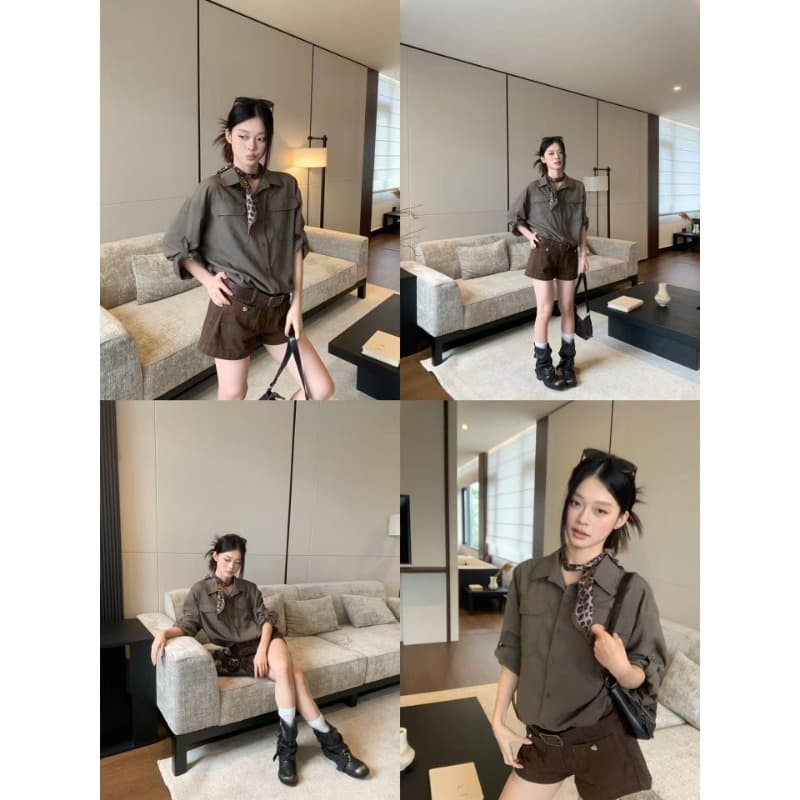 원본 품질 면 마 소재 군용 녹색 중간 소매 셔츠 가을 루즈핏 캐주얼 출퇴근 긴팔 셔츠 이미지 4