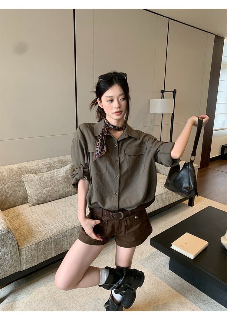 원본 품질 면 마 소재 군용 녹색 중간 소매 셔츠 가을 루즈핏 캐주얼 출퇴근 긴팔 셔츠 상세 이미지 9