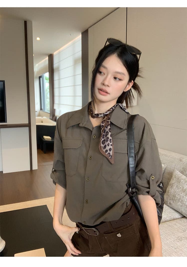 원본 품질 면 마 소재 군용 녹색 중간 소매 셔츠 가을 루즈핏 캐주얼 출퇴근 긴팔 셔츠 상세 이미지 10