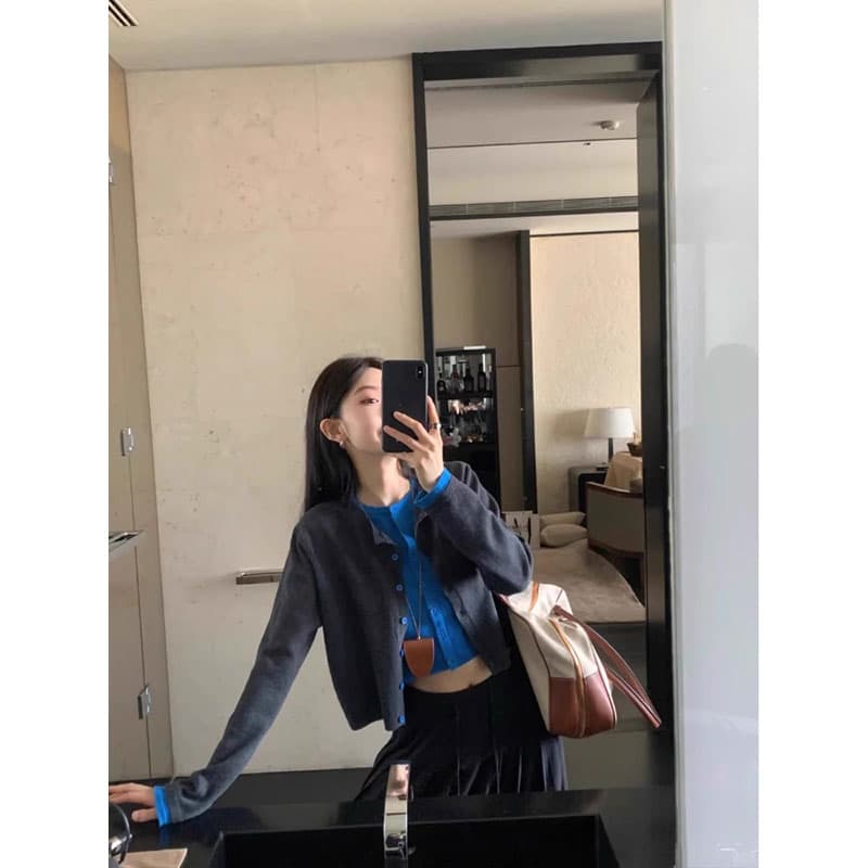 원본 품질 회색 패치워크 페이크 레이어드 티셔츠 오픈 가디건 가을 빅 사이즈 슬림해 보이는 디자인 센스 작은 대중 맨위 이미지 5