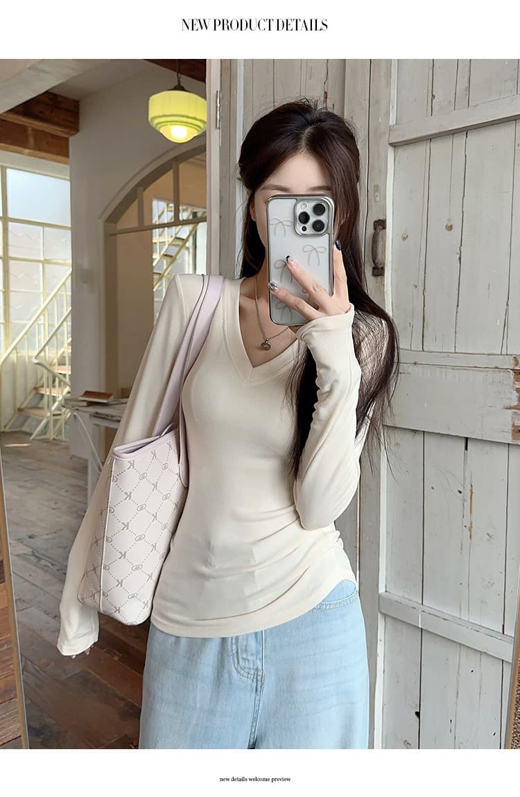 충동 섹션 V넥 기본 셔츠 가을 몸매 가꾸기 긴팔 티셔츠 여성 빅 사이즈 캐주얼 착용 가져 가라. 단색 맨위 상세 이미지 4