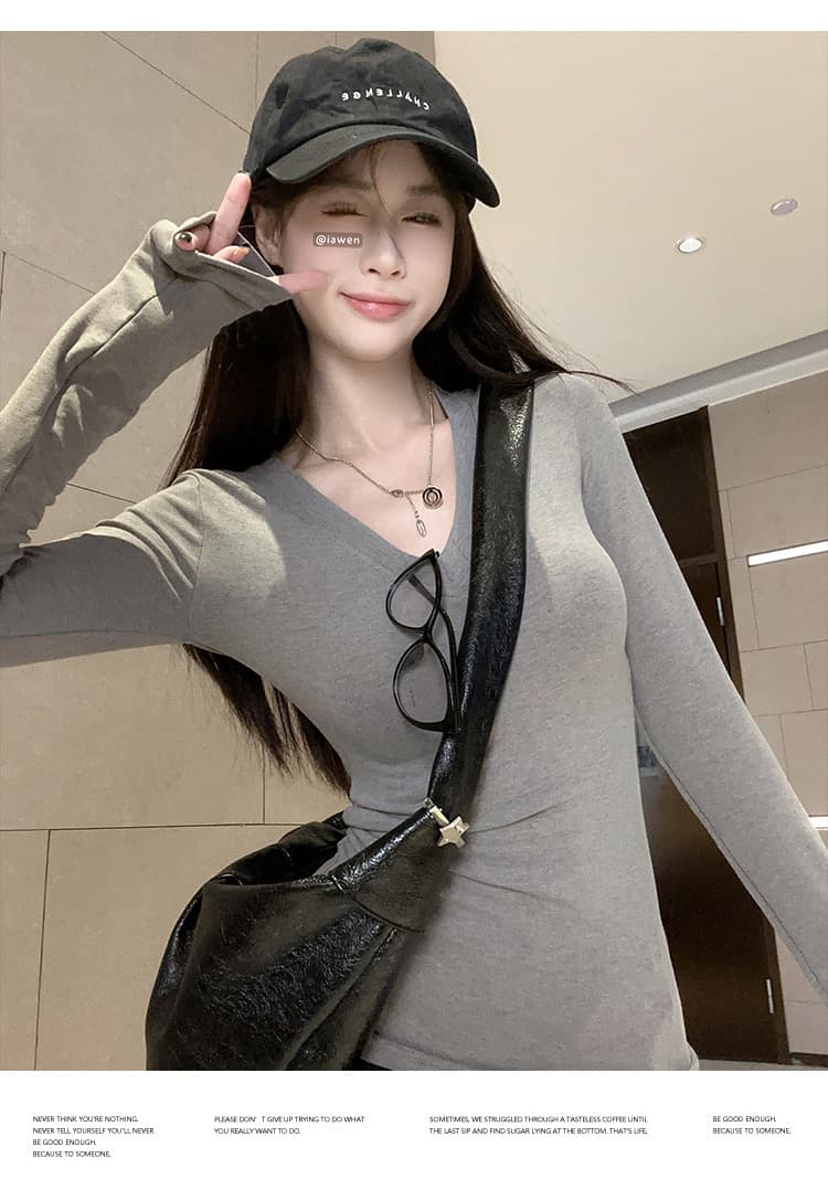 충동 섹션 V넥 기본 셔츠 가을 몸매 가꾸기 긴팔 티셔츠 여성 빅 사이즈 캐주얼 착용 가져 가라. 단색 맨위 상세 이미지 6