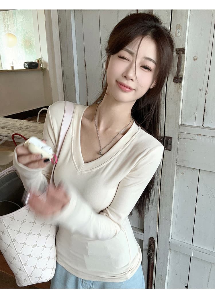 충동 섹션 V넥 기본 셔츠 가을 몸매 가꾸기 긴팔 티셔츠 여성 빅 사이즈 캐주얼 착용 가져 가라. 단색 맨위 상세 이미지 8