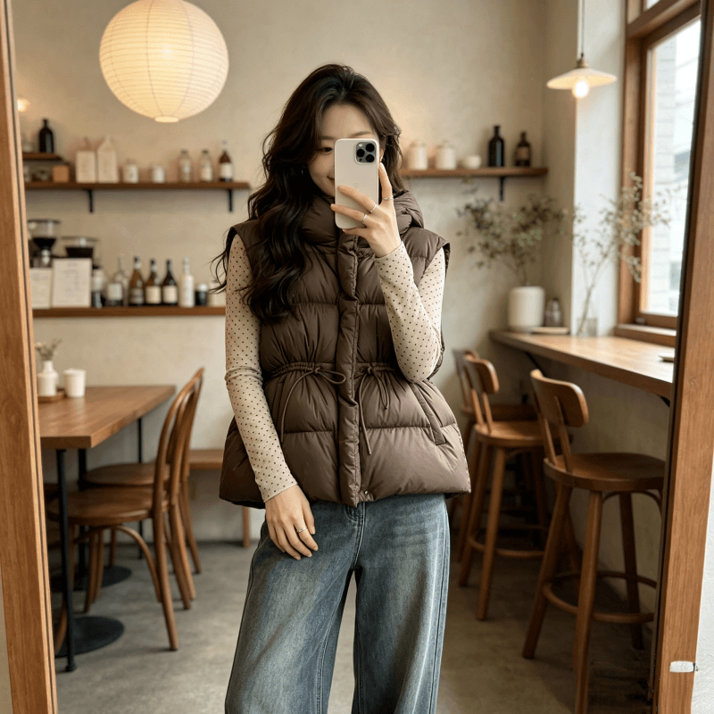 한국 원본 2026 겨울 새로운 몸매 가꾸기 허리 수축 슬림해 보이는 두꺼운 다운 코튼 조끼 재킷 상세 이미지 8