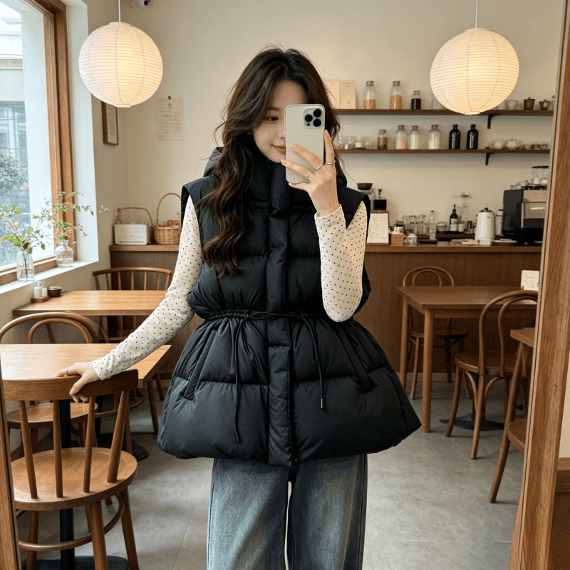 한국 원본 2026 겨울 새로운 몸매 가꾸기 허리 수축 슬림해 보이는 두꺼운 다운 코튼 조끼 재킷 상세 이미지 19