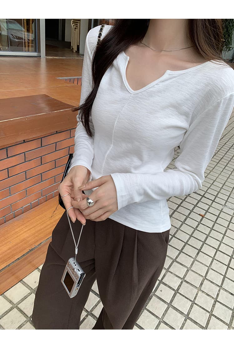 경관 그림 원본 원단 폭발 작은 대중 V넥 화이트 인사이드 가져 가라. 기본 셔츠 여성 이른 가을 새로운 품격 티셔츠 짧은 맨위 상세 이미지 4