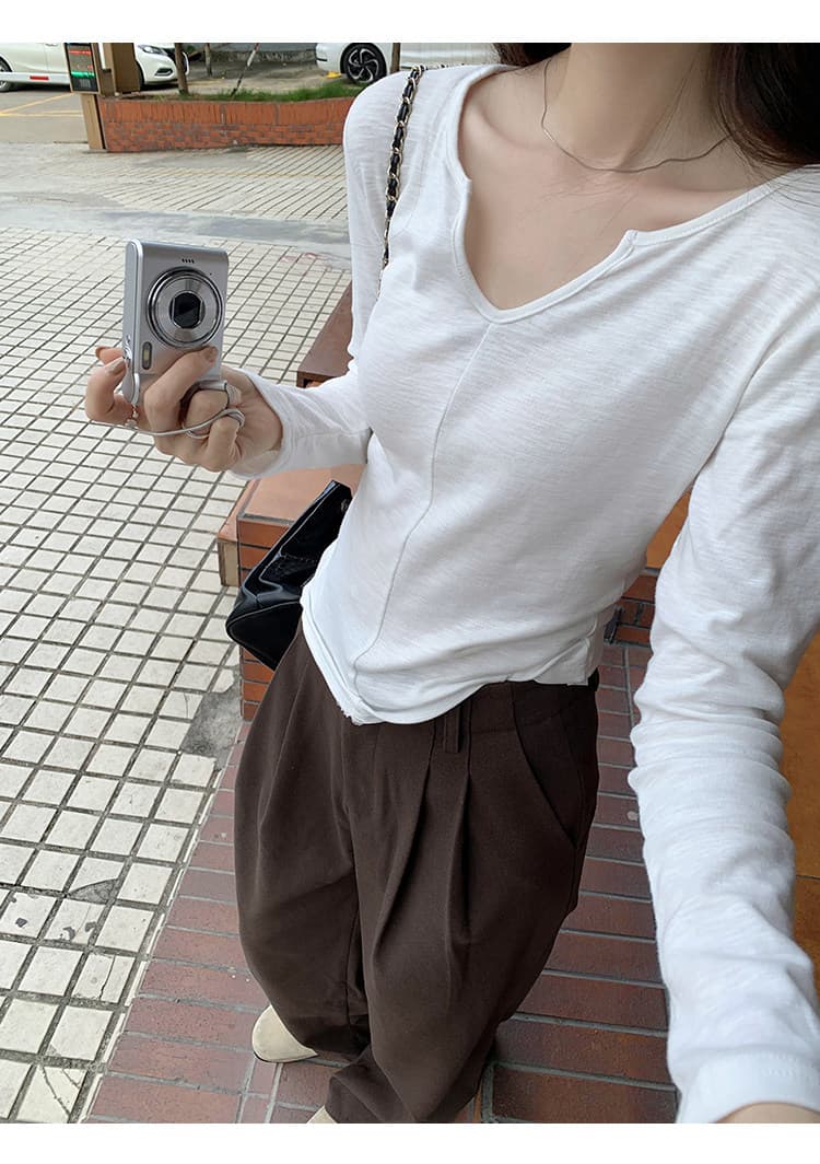 경관 그림 원본 원단 폭발 작은 대중 V넥 화이트 인사이드 가져 가라. 기본 셔츠 여성 이른 가을 새로운 품격 티셔츠 짧은 맨위 상세 이미지 6