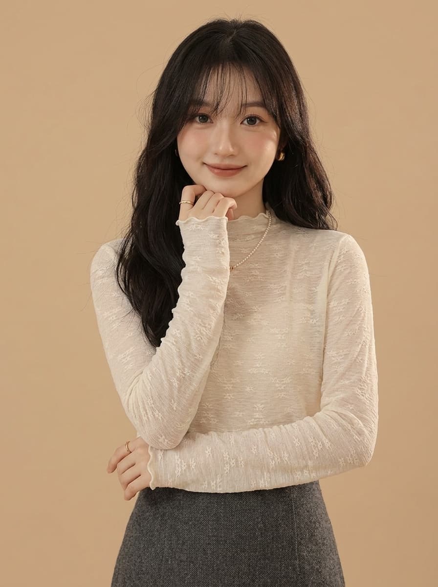 고급 센스 레이스 긴팔 기본 셔츠 여성 봄 가을 겨울 인사이드 가져 가라. 반하이넥 프릴 스택 착용 다용도 품격 맨위 상세 이미지 6