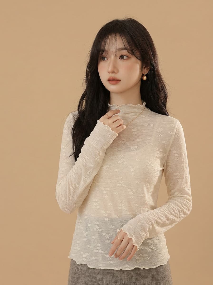 고급 센스 레이스 긴팔 기본 셔츠 여성 봄 가을 겨울 인사이드 가져 가라. 반하이넥 프릴 스택 착용 다용도 품격 맨위 상세 이미지 7