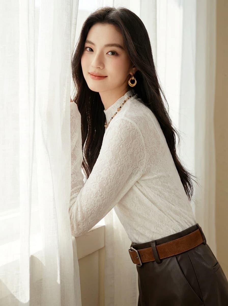 가을 겨울철 프랑스식 레이스 긴팔 맨위 여성 몸매 가꾸기 슬림해 보이는 반하이넥 홀로우 아웃 기본 셔츠 외국 가스 다용도 작은 셔츠 이미지 3