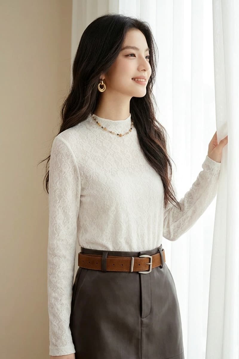 가을 겨울철 프랑스식 레이스 긴팔 맨위 여성 몸매 가꾸기 슬림해 보이는 반하이넥 홀로우 아웃 기본 셔츠 외국 가스 다용도 작은 셔츠
