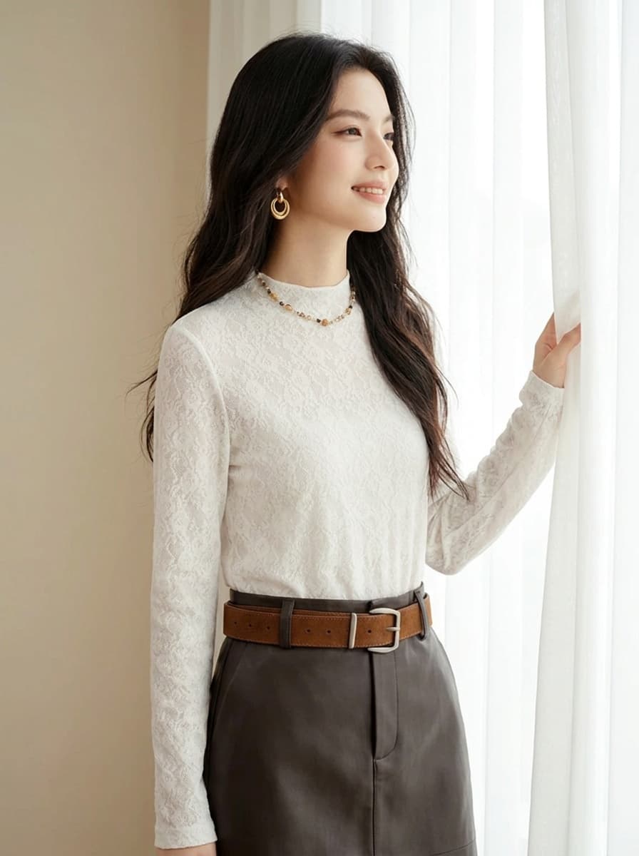 가을 겨울철 프랑스식 레이스 긴팔 맨위 여성 몸매 가꾸기 슬림해 보이는 반하이넥 홀로우 아웃 기본 셔츠 외국 가스 다용도 작은 셔츠 상세 이미지 2