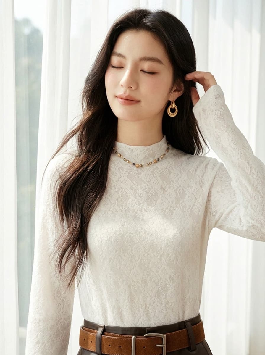 가을 겨울철 프랑스식 레이스 긴팔 맨위 여성 몸매 가꾸기 슬림해 보이는 반하이넥 홀로우 아웃 기본 셔츠 외국 가스 다용도 작은 셔츠 상세 이미지 4